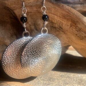 Handmade Hammered Silver Earrings with Black Accent Detail